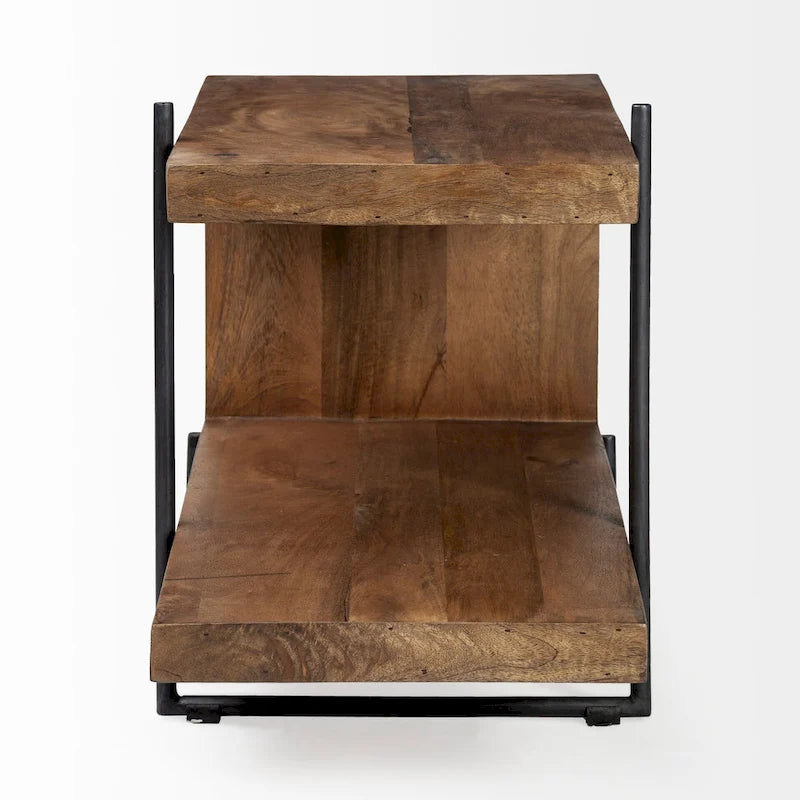 Table d'appoint/de chevet en bois massif marron moyen en forme de C avec cadre en métal noir