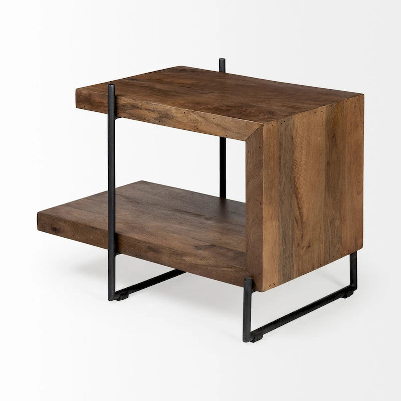 Table d'appoint/de chevet en bois massif marron moyen en forme de C avec cadre en métal noir