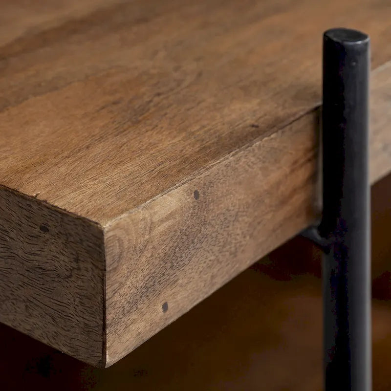 Table d'appoint/de chevet en bois massif marron moyen en forme de C avec cadre en métal noir