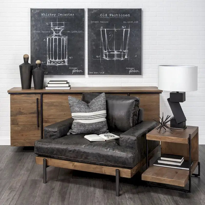 Table d'appoint/de chevet en bois massif marron moyen en forme de C avec cadre en métal noir