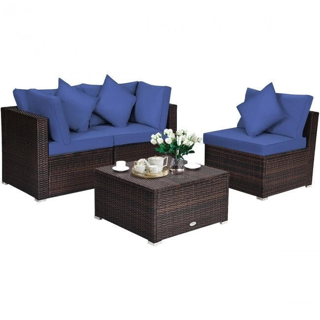 Ensemble de meubles de patio en rotin 4 pièces avec coussins et oreillers amovibles – Canapé d'angle : 73,7 x 73,7 x 63,5 cm