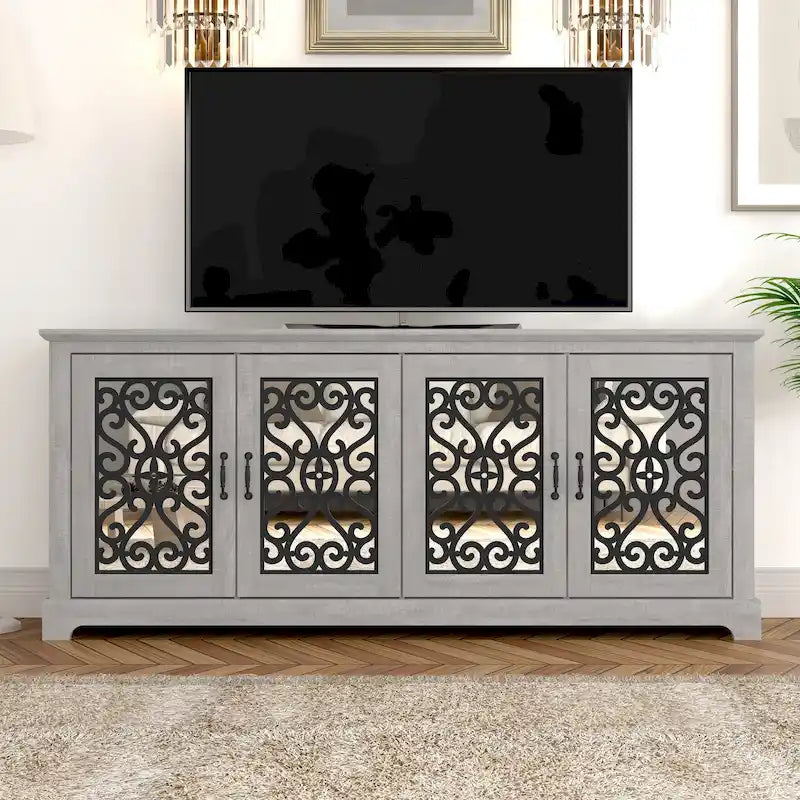 Meuble TV large 4 portes en pierre grise de 173,2 cm pour téléviseurs jusqu'à 75 pouces - 173,2 L x 43,4 l x 74,4 H cm