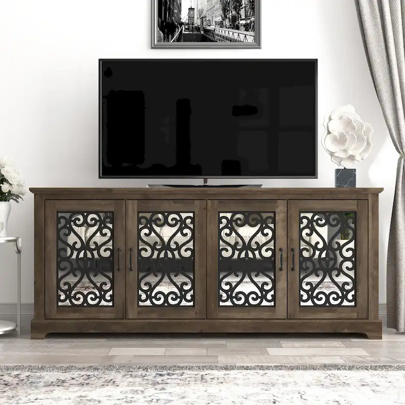 Meuble TV large 4 portes en pierre grise de 173,2 cm pour téléviseurs jusqu'à 75 pouces - 173,2 L x 43,4 l x 74,4 H cm