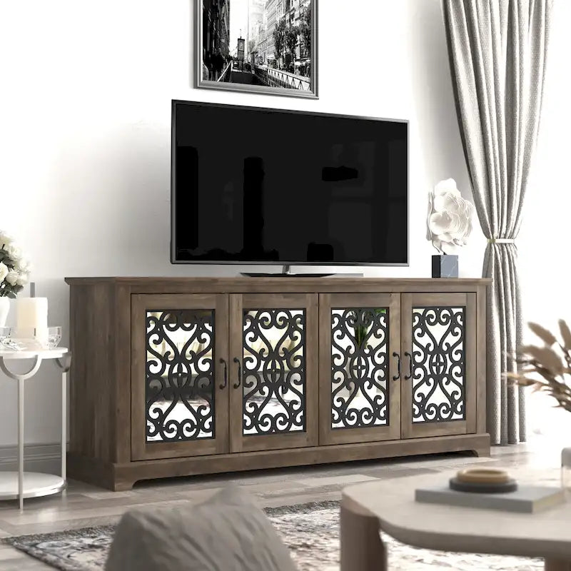 Meuble TV large 4 portes en pierre grise de 173,2 cm pour téléviseurs jusqu'à 75 pouces - 173,2 L x 43,4 l x 74,4 H cm