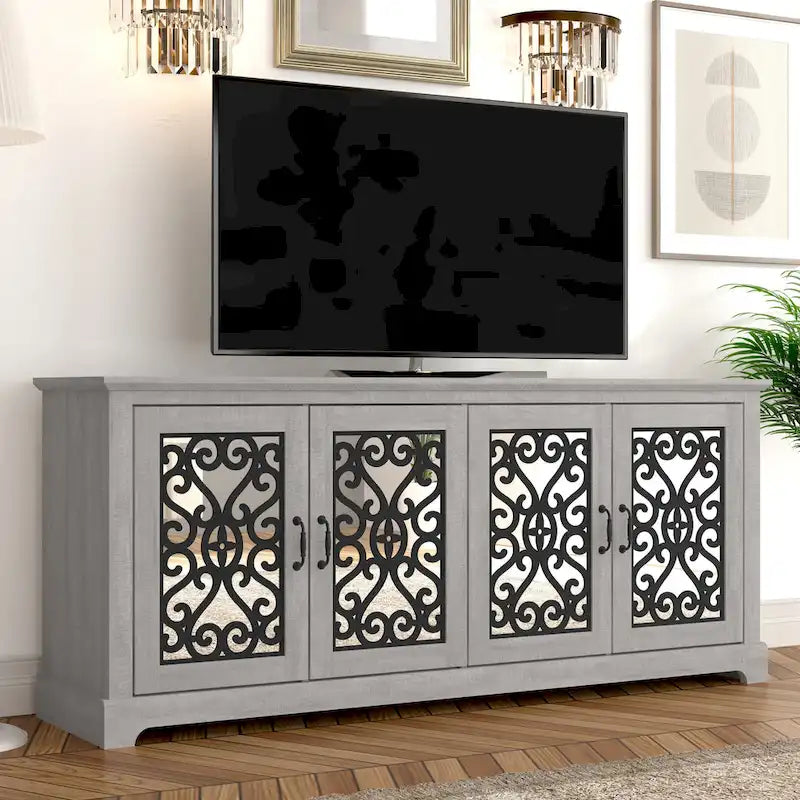 Meuble TV large 4 portes en pierre grise de 173,2 cm pour téléviseurs jusqu'à 75 pouces - 173,2 L x 43,4 l x 74,4 H cm