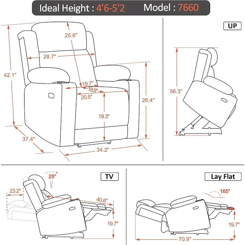 Fauteuil releveur inclinable avec appuie-tête électrique pour personnes âgées de petite taille, fauteuil releveur à position infinie