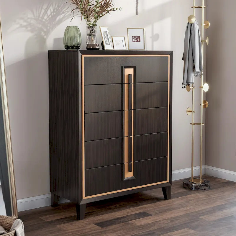 Commode moderne à 5 tiroirs en bois massif couleur espresso