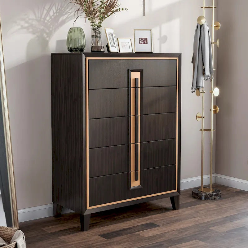Commode moderne à 5 tiroirs en bois massif couleur espresso