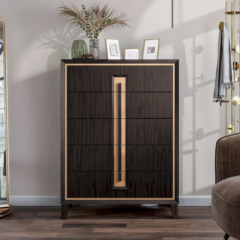 Commode moderne à 5 tiroirs en bois massif couleur espresso