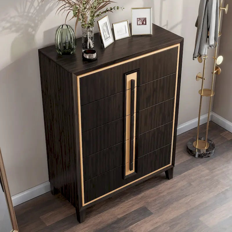 Commode moderne à 5 tiroirs en bois massif couleur espresso