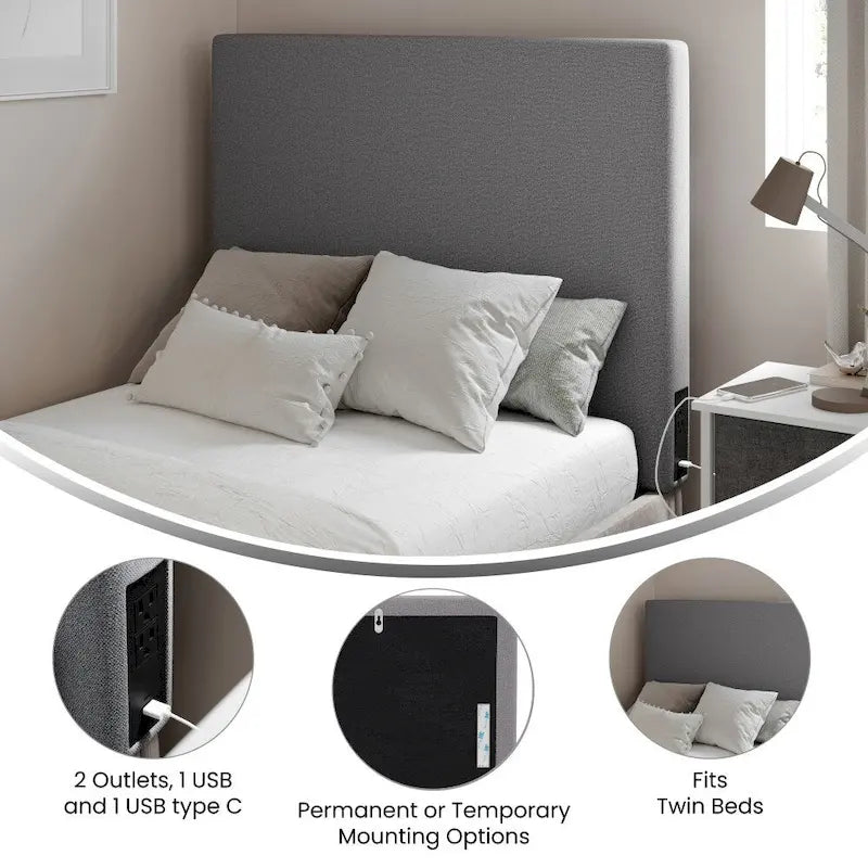 Tête de lit rembourrée avec 2 prises de courant, 1 port USB, 1 port USB-C