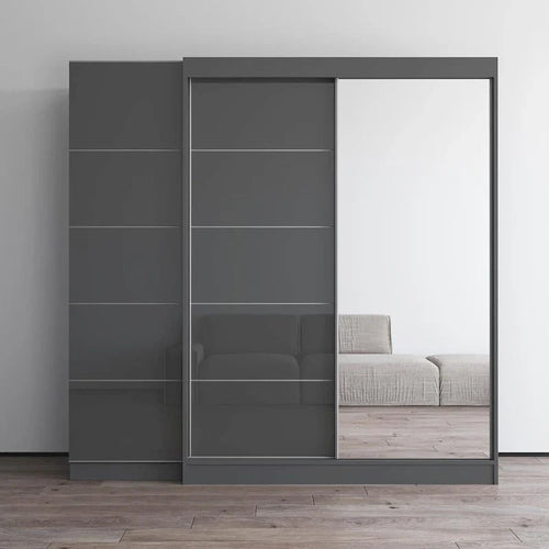 Armoire 2 portes avec miroir, façade vitrée, 2 personnes (Gris / Noir / Blanc)