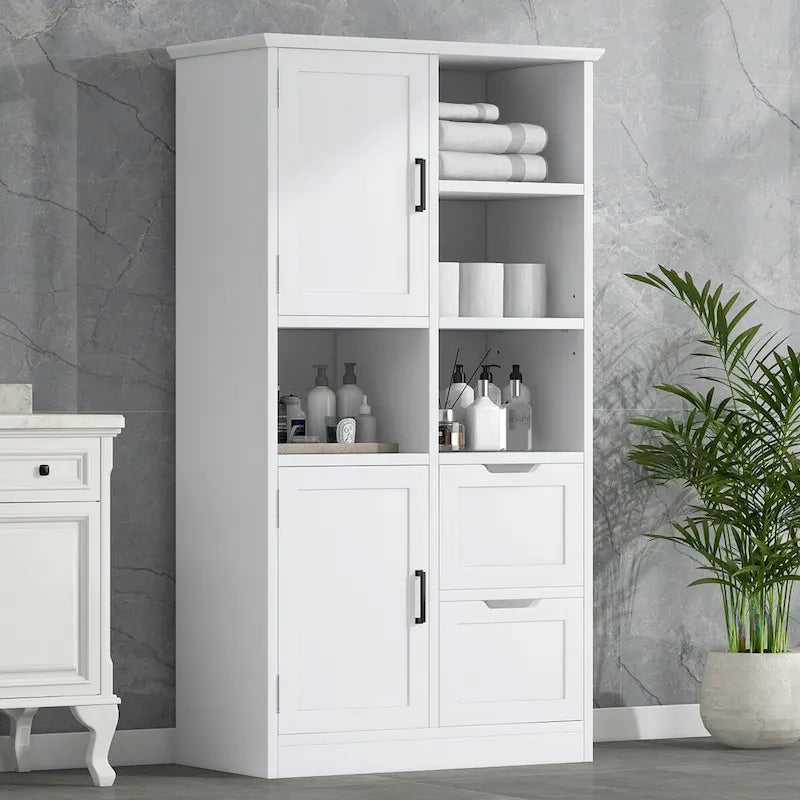 Meuble de salle de bain avec portes, tiroirs et étagères ouvertes