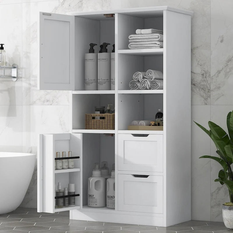 Meuble de salle de bain avec portes, tiroirs et étagères ouvertes