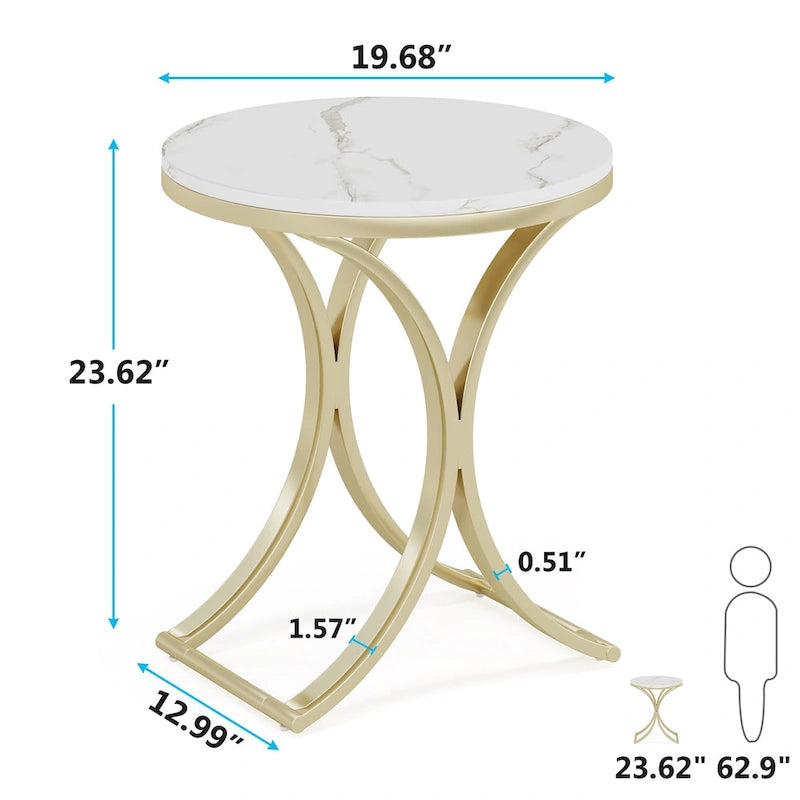 Petite table d'appoint ronde moderne, bout de canapé ou table de chevet avec structure en métal doré et plateau en bois d'ingénierie aspect marbre pour salon