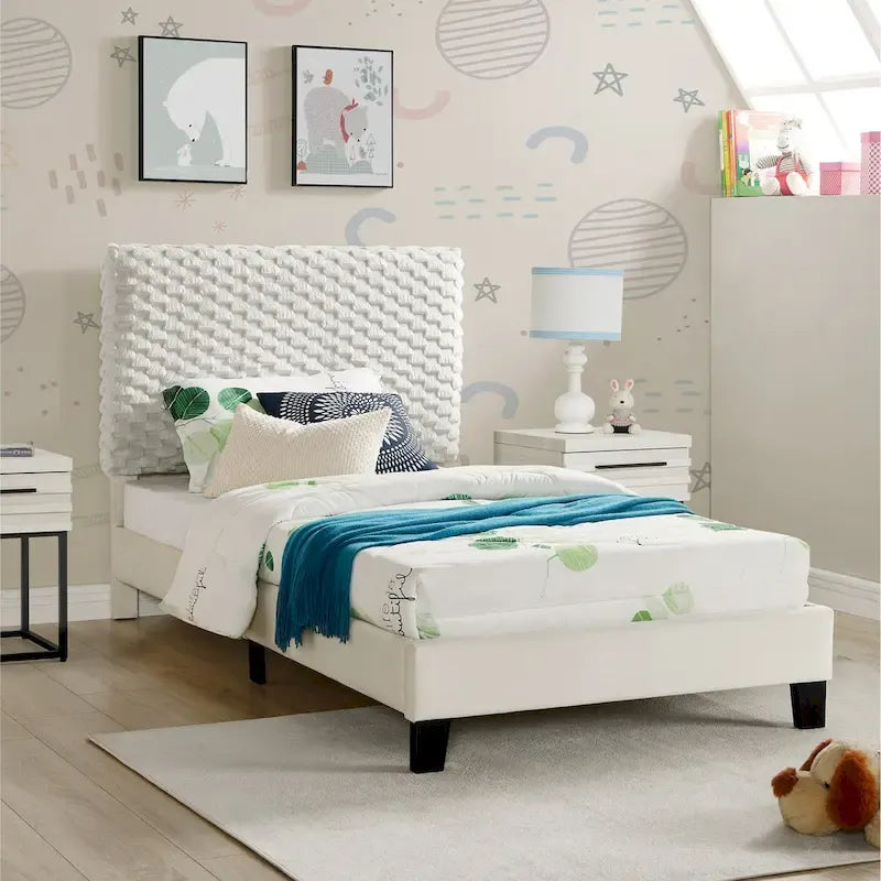 Lit plateforme rembourré 3D en peluche Colombe Blanche