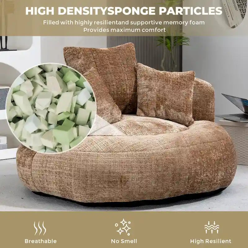Fauteuil d'appoint rond surdimensionné avec haut dossier enveloppant, revêtement en chenille et 3 coussins