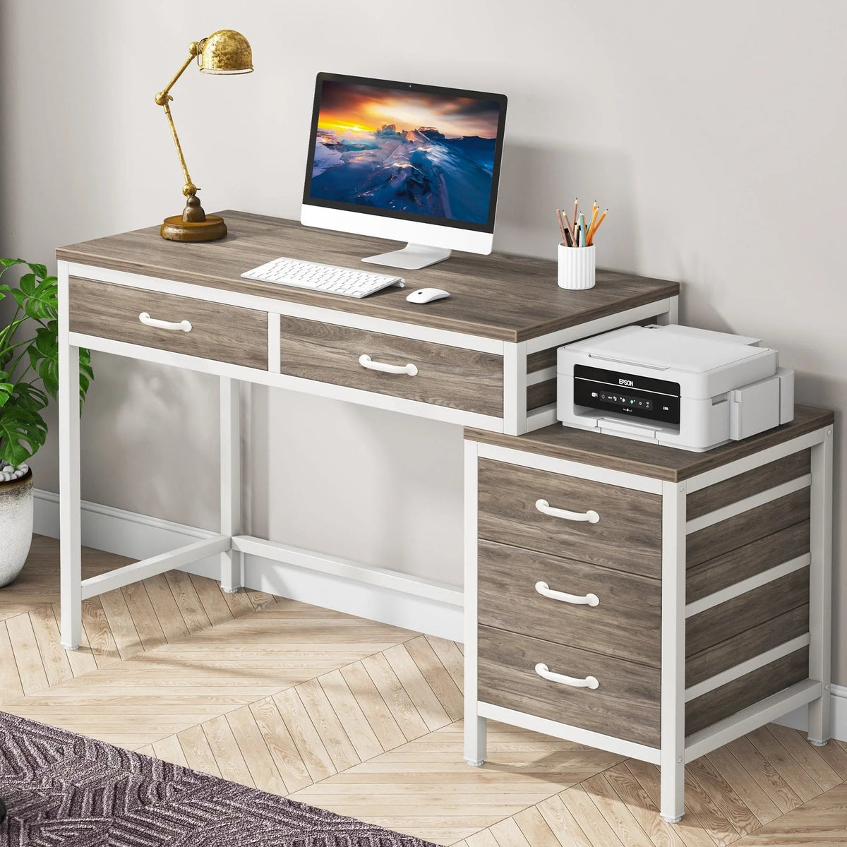 Bureau d'ordinateur réversible avec 5 tiroirs, bureau de travail à domicile avec caisson de rangement pour dossiers et support pour imprimante