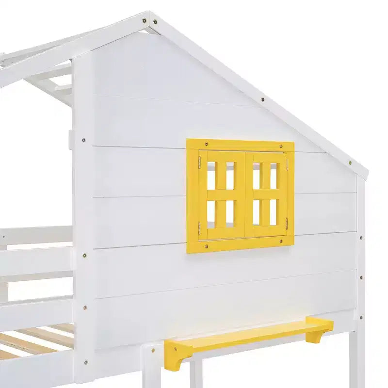 Lit superposé cabane jumeau sur jumeau avec 2 tiroirs, étagères de rangement et fenêtre