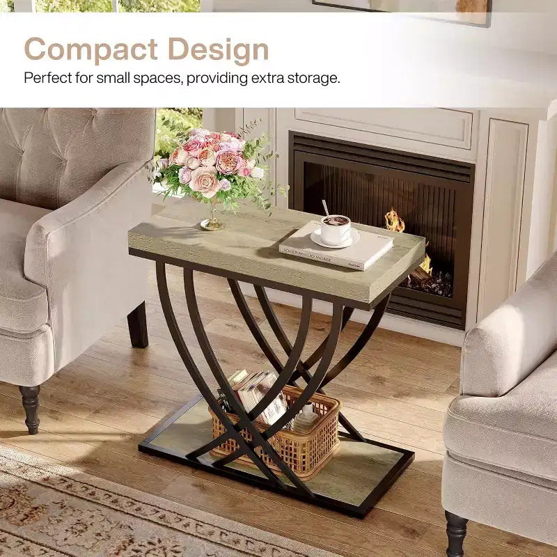 Table d'appoint, bout de canapé étroit à 2 niveaux pour salon, table de chevet industrielle avec structure en métal pour chambre, canapé, petits espaces, gris
