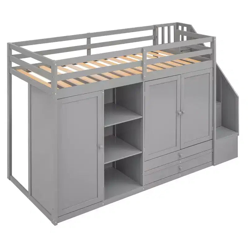 Lit mezzanine fonctionnel 93.3 avec armoires, étagères, tiroirs et échelle de rangement