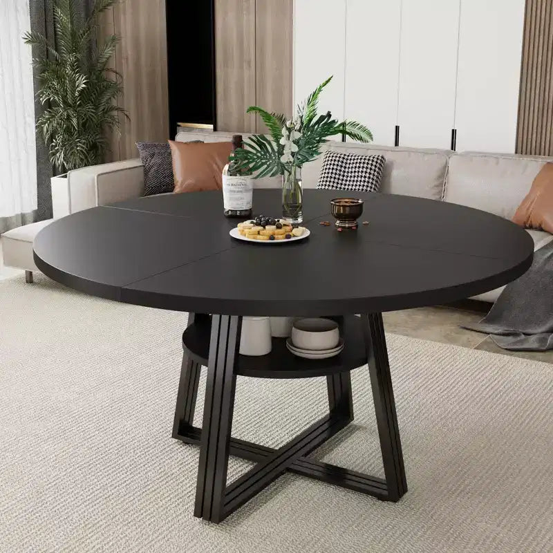 Table de salle à manger ronde pour 4 à 6 personnes, table de cuisine de 120 cm avec étagère de rangement, table à manger en bois avec base en métal pour salon, sans chaises