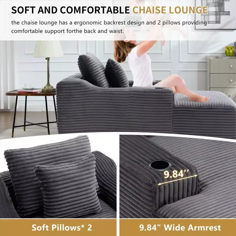 Chaise longue de 170 cm, canapé-lit d'intérieur avec 2 coussins, canapé monoplace sans structure pour salon, aucun assemblage requis