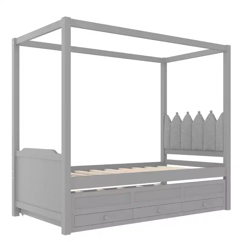 Lit plateforme double/grand format avec lit gigogne, lit à baldaquin en bois de princesse avec 3 tiroirs, lit de rangement avec tête de lit capitonnée pour chambre à coucher