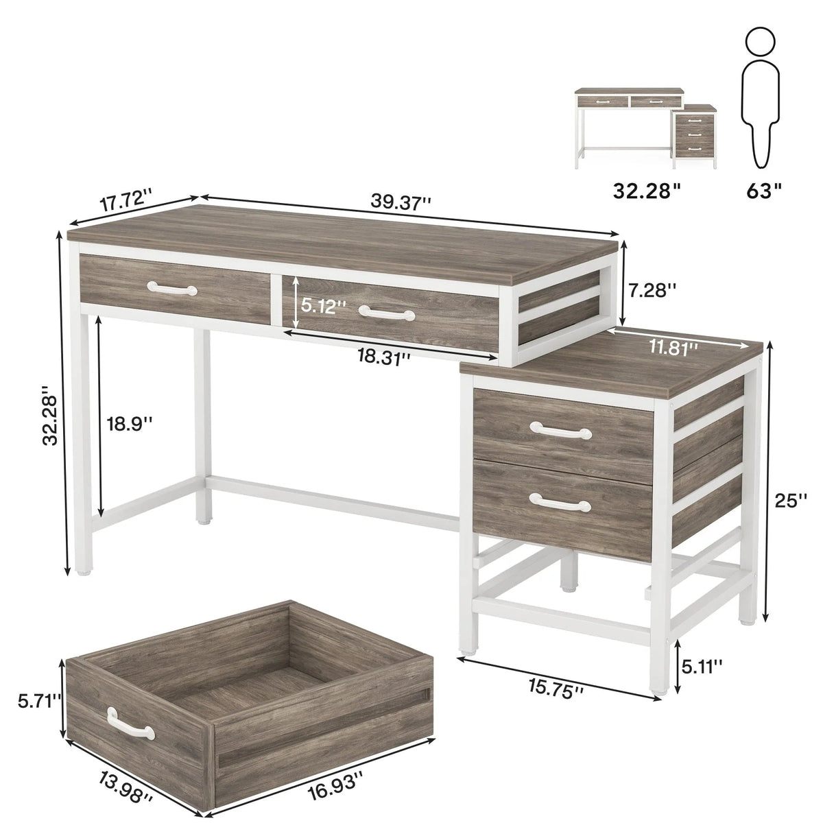 Bureau d'ordinateur réversible avec 5 tiroirs, bureau de travail à domicile avec caisson de rangement pour dossiers et support pour imprimante