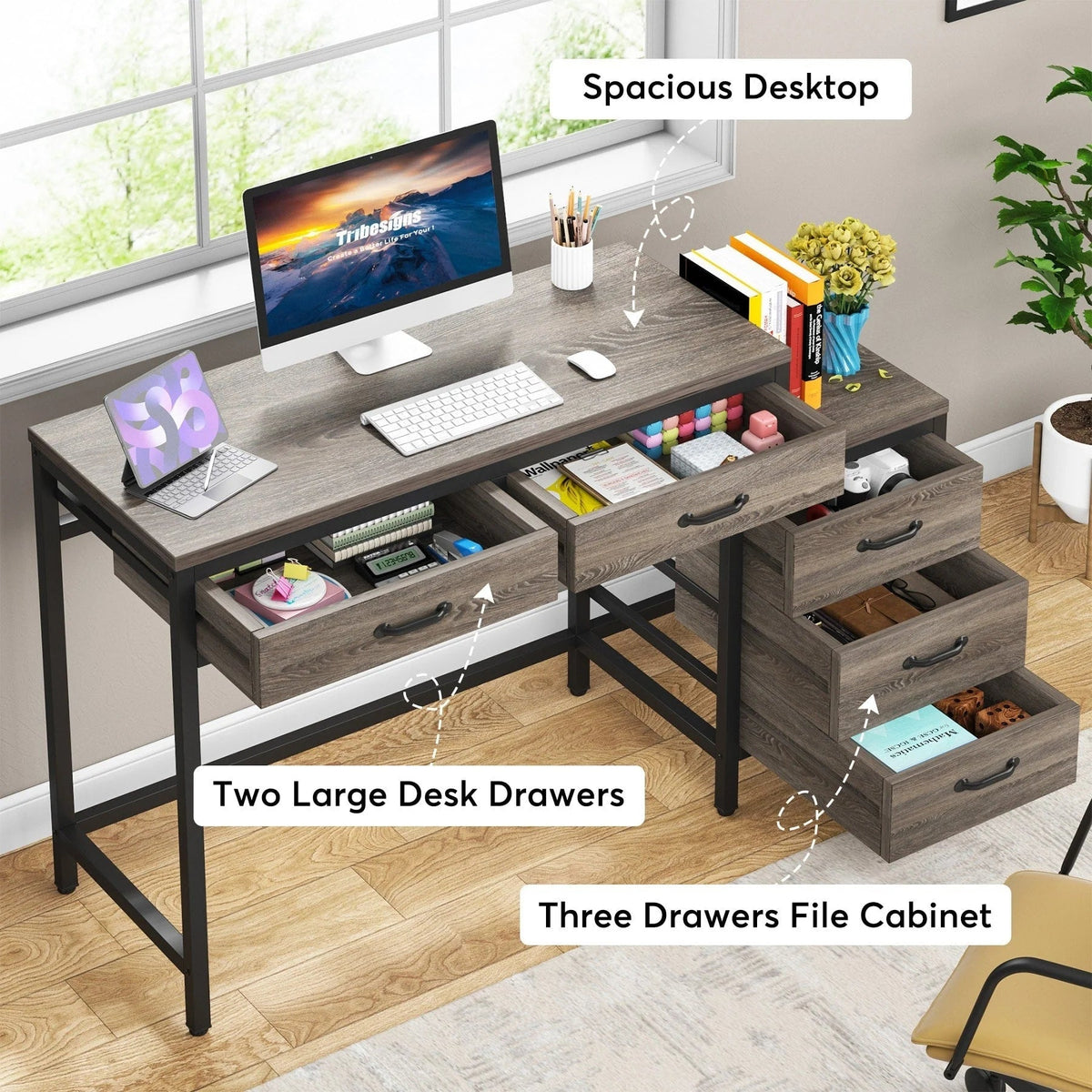 Bureau d'ordinateur réversible avec 5 tiroirs, bureau de travail à domicile avec caisson de rangement pour dossiers et support pour imprimante