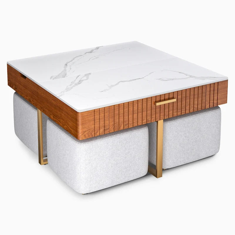 Table basse relevable avec rangement dissimulé et 4 poufs