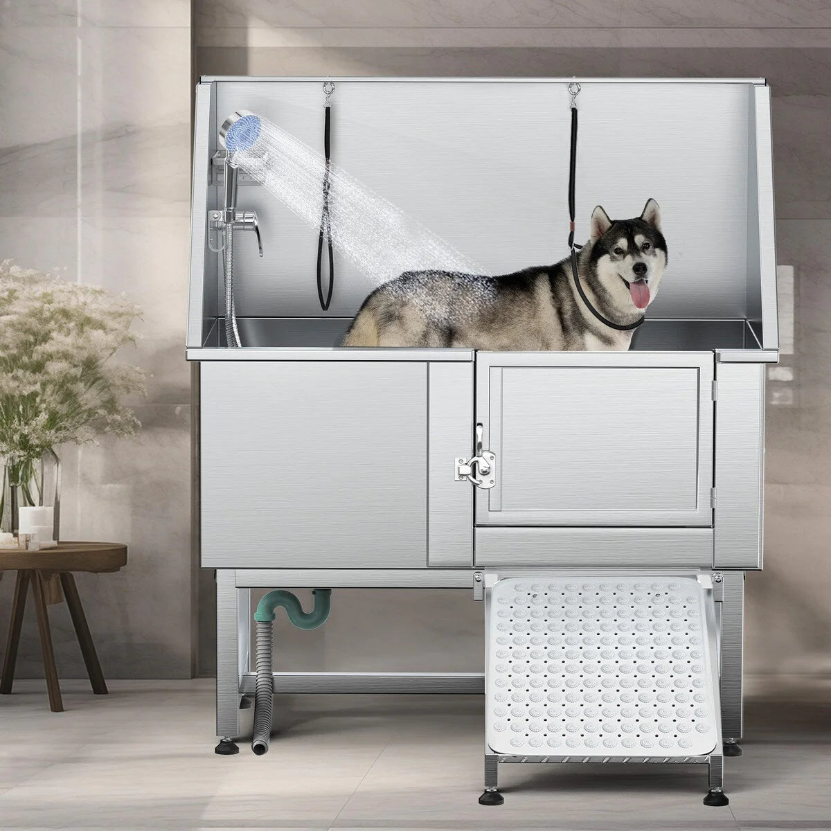 Baignoire de toilettage pour animaux de compagnie réglable, 50 W, en acier inoxydable, avec rampe à marches