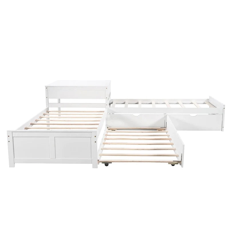 Lit plateforme moderne blanc en forme de L pour deux personnes avec lit gigogne et tiroirs pour chambre à coucher
