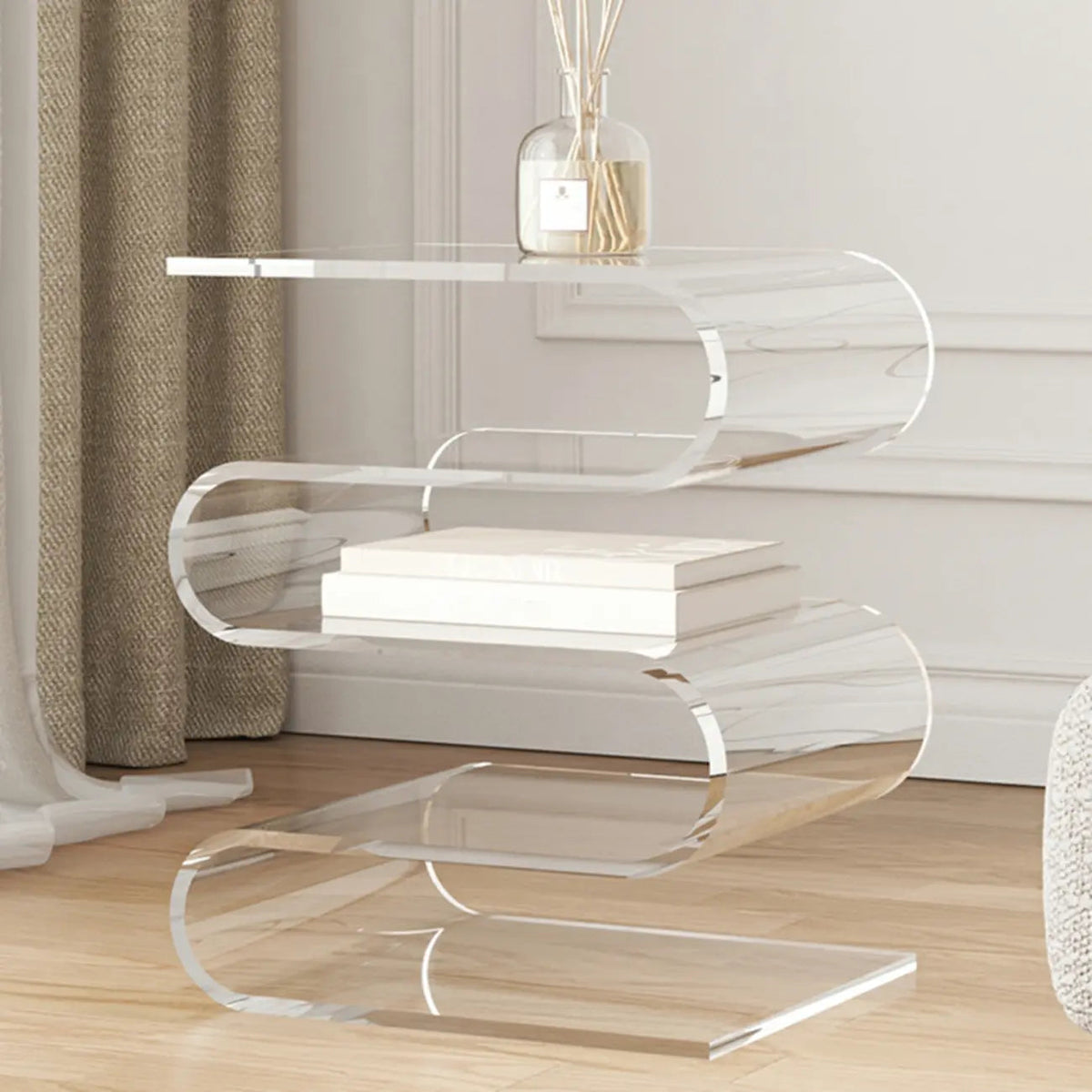 Table d'appoint contemporaine en acrylique en forme de S avec rangement