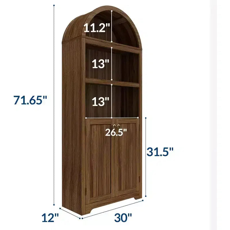 Armoire arquée haute de 183 cm, bibliothèque arquée à 5 niveaux avec doubles portes et étagère réglable, bibliothèque en bois avec rangement pour bureau à domicile