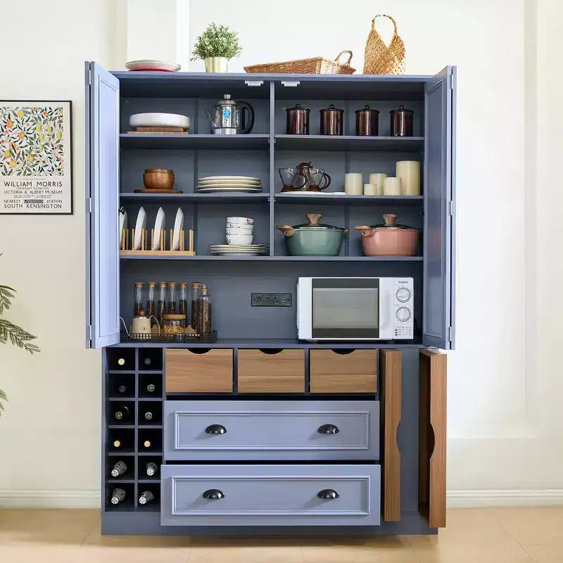 Armoire de cuisine autoportante haute Whisen 71, grand buffet de rangement pour salle à manger avec 4 portes pliantes, étagères et casiers à vin