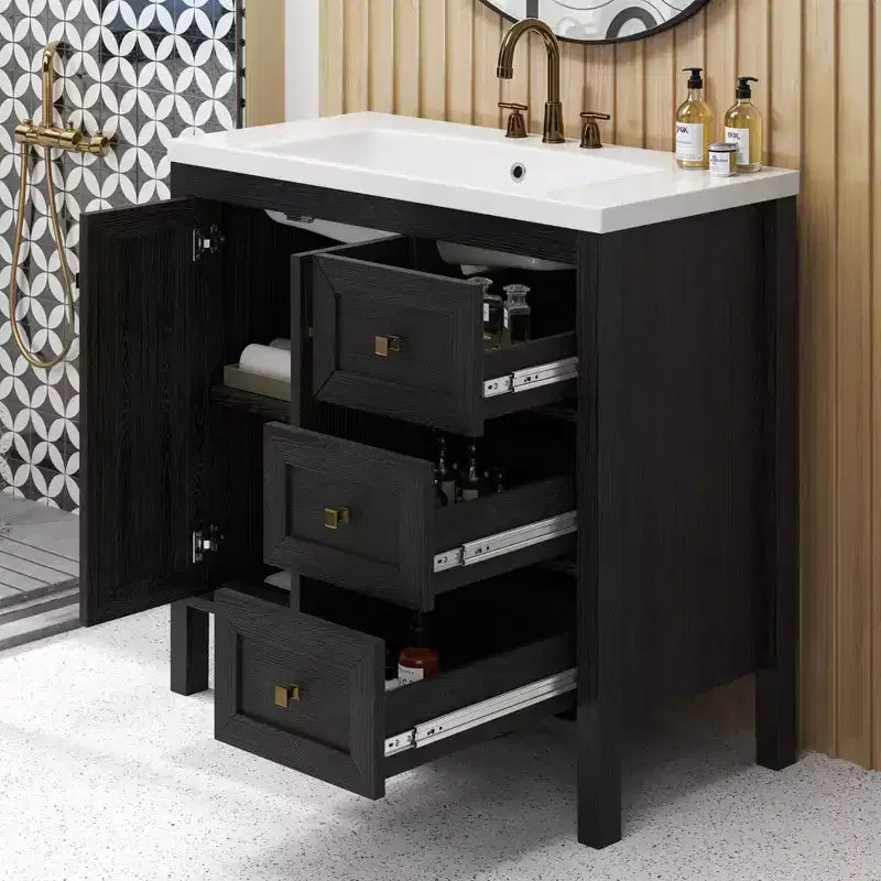 Meuble sous-vasque de salle de bain de 91 cm avec lavabo en céramique, meuble de rangement de salle de bain avec 2 portes et 3 tiroirs, 2 portes