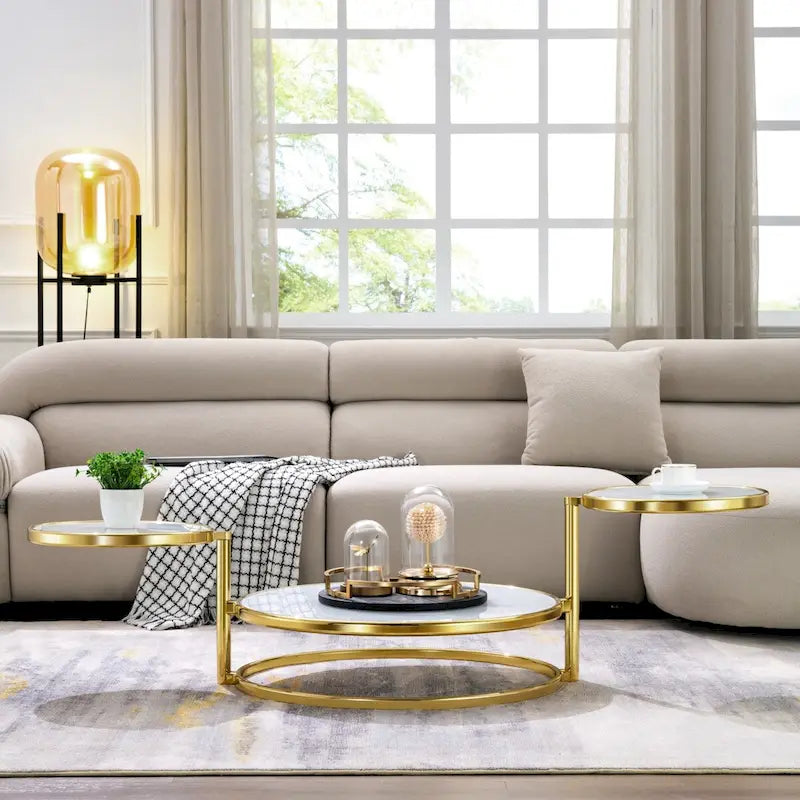 Table basse ronde en verre trempé à 3 niveaux avec plateau rotatif à 360 degrés