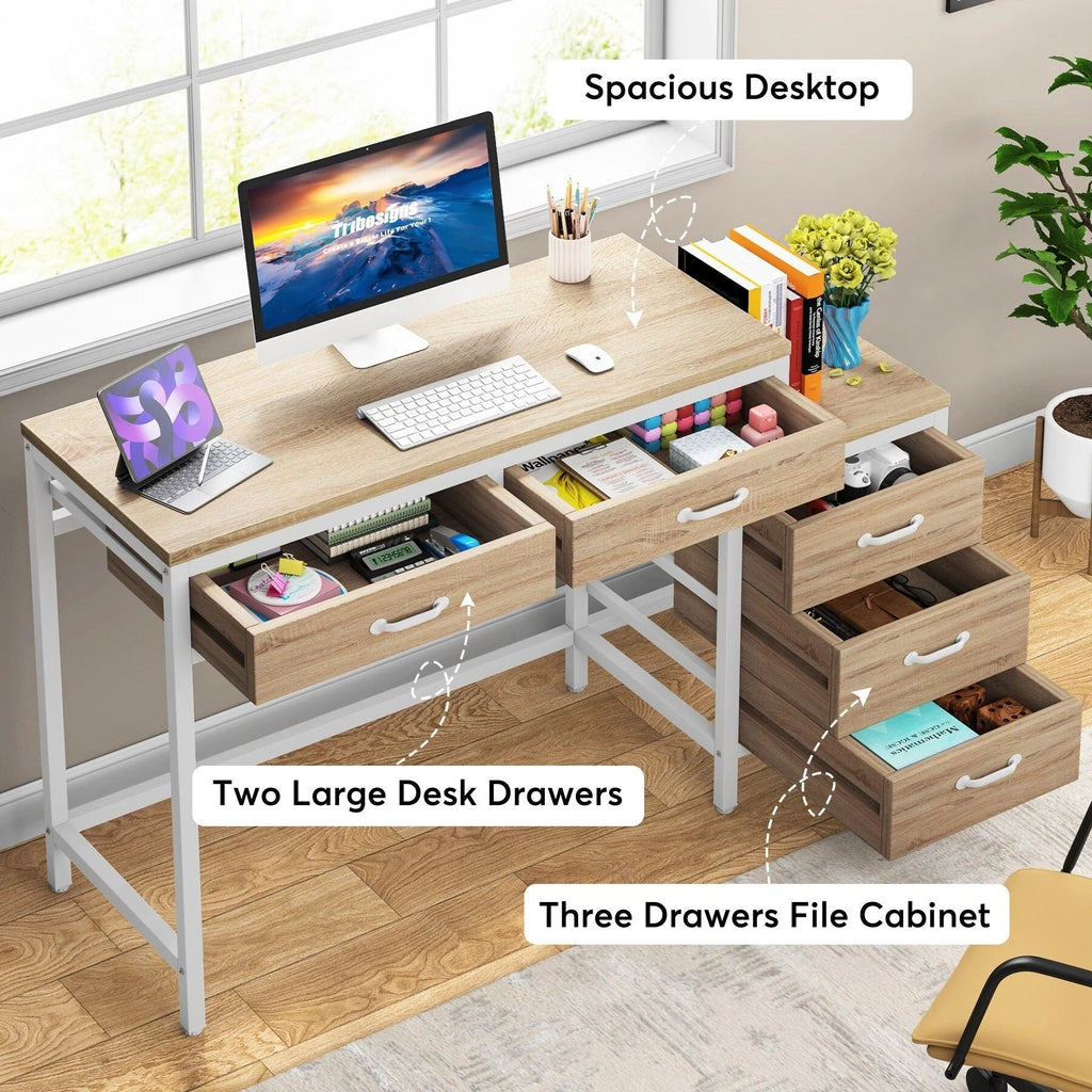 Bureau d'ordinateur réversible avec 5 tiroirs, bureau de travail à domicile avec caisson de rangement pour dossiers et support pour imprimante
