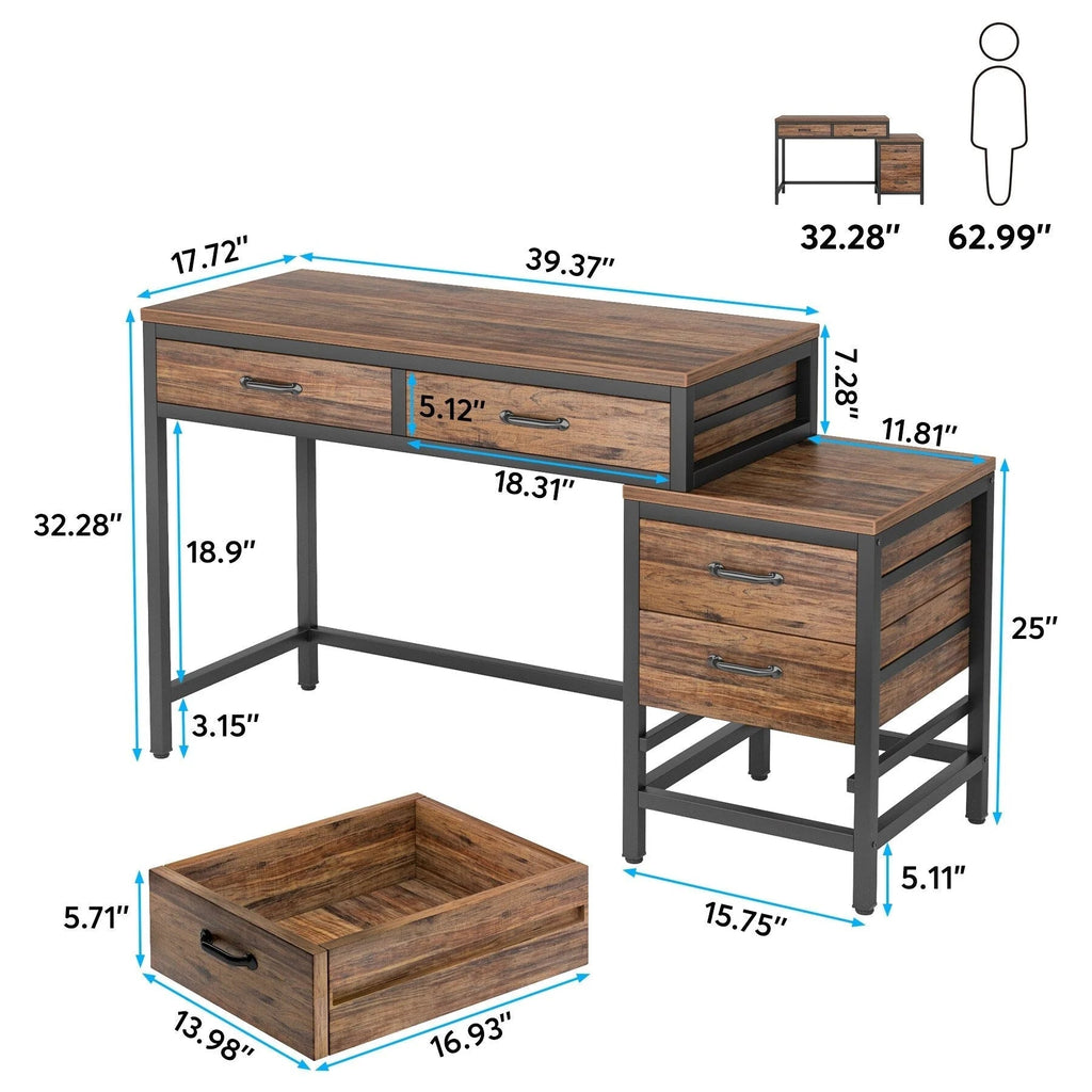 Bureau d'ordinateur réversible avec 5 tiroirs, bureau de travail à domicile avec caisson de rangement pour dossiers et support pour imprimante