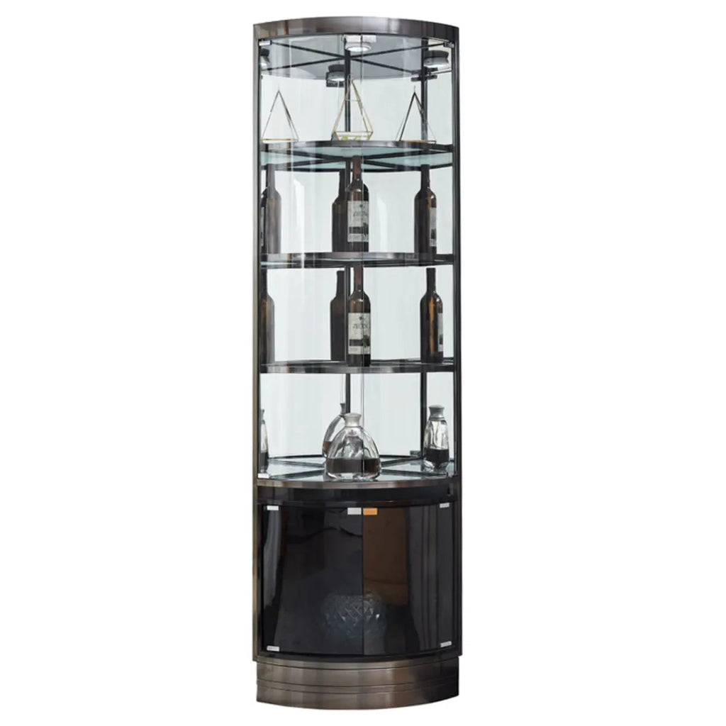 Meuble d'angle à vin avec étagères en verre et métal à plusieurs niveaux