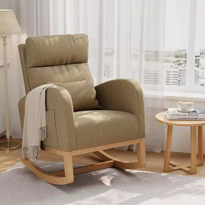 Fauteuil à bascule moderne avec oreiller et poches latérales, pour salon, chambre à coucher
