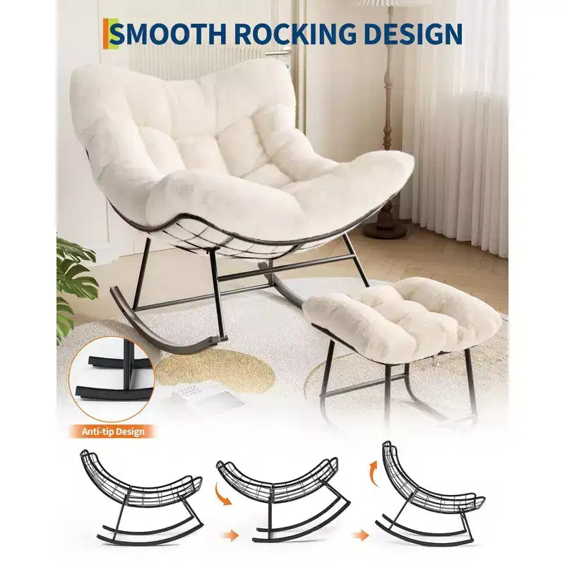 Fauteuil à bascule Papasan surdimensionné avec ottoman et coussin en peluche moelleux, chaise longue avec repose-pieds et cadre en métal robuste, Rocker Egg pour salon