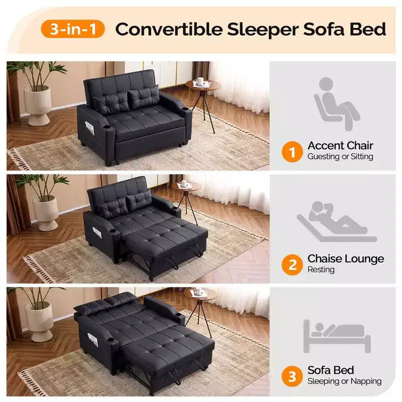 Canapé-lit convertible inclinable en cuir rembourré « Cats Claw » avec coussins pour petits espaces