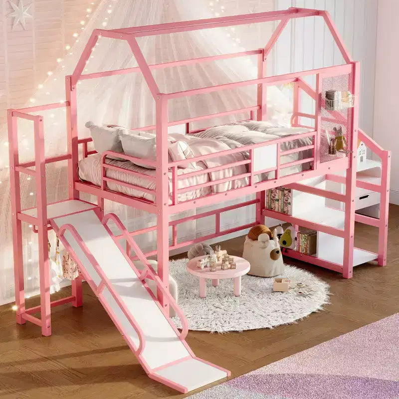 Lit mezzanine cabane avec toboggan et escalier de rangement - Cadre métallique pour enfants et adolescents