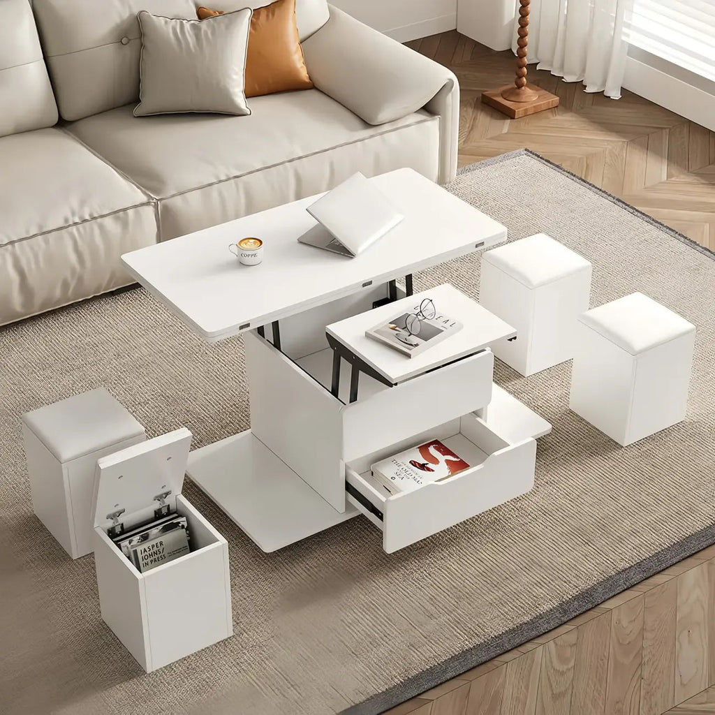 Table basse relevable pliable avec 4 tabourets et rangement