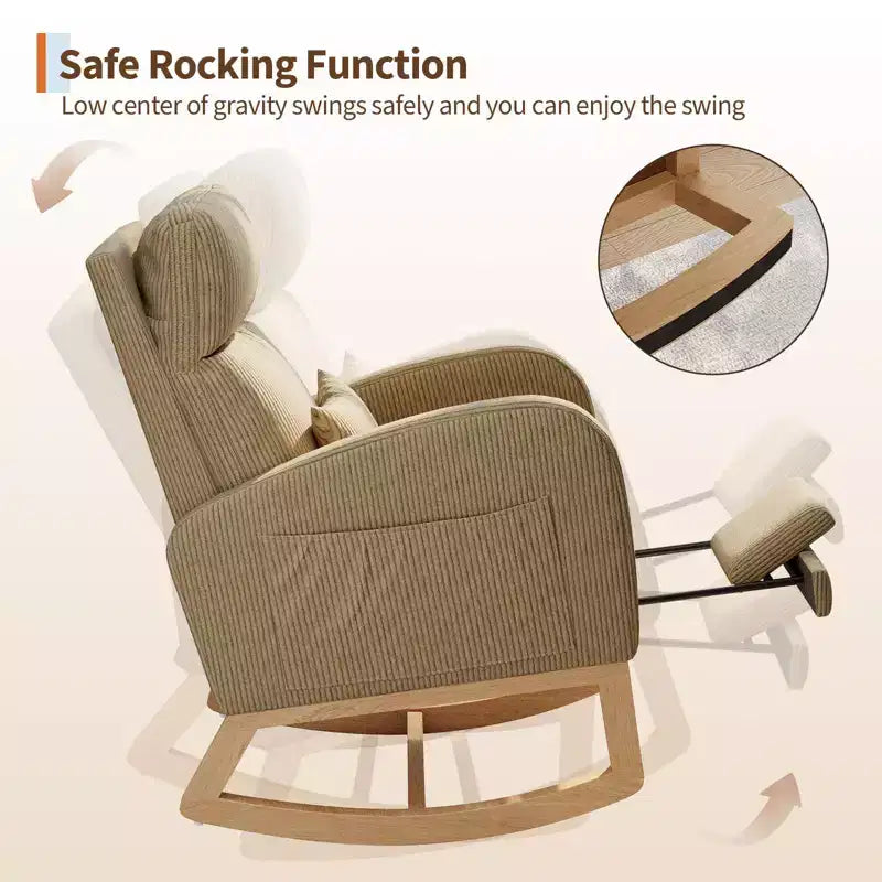 Fauteuil à bascule moderne avec oreiller et poches latérales, pour salon, chambre à coucher