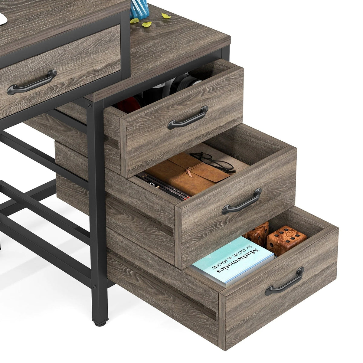 Bureau d'ordinateur réversible avec 5 tiroirs, bureau de travail à domicile avec caisson de rangement pour dossiers et support pour imprimante