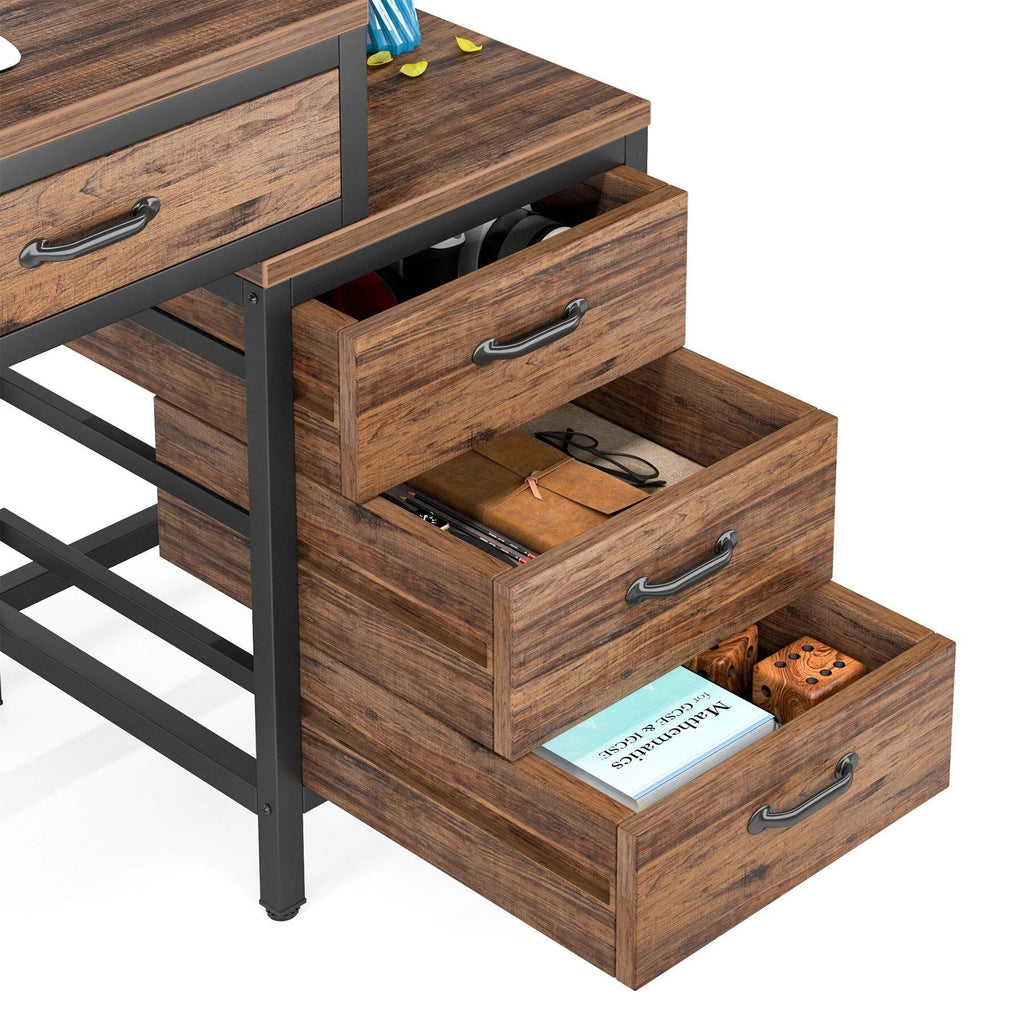 Bureau d'ordinateur réversible avec 5 tiroirs, bureau de travail à domicile avec caisson de rangement pour dossiers et support pour imprimante
