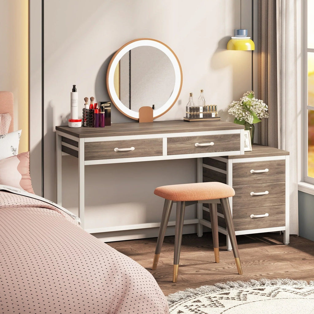Bureau d'ordinateur réversible avec 5 tiroirs, bureau de travail à domicile avec caisson de rangement pour dossiers et support pour imprimante